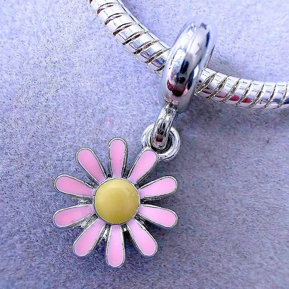 Pink Enamel Daisy Flower Dangle Charm fits PANDORA